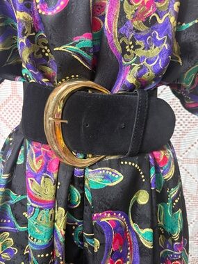 Vintage Wide Black Suede Belt Gold Buckle Elastic Back